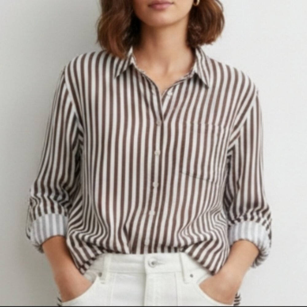 Jane and Delancey Brown and White Striped Women's Button Down Blouse Size 1X